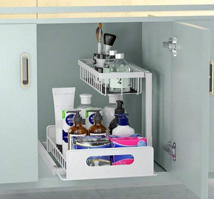 Organizator dulap, suport metalic, pentru bucatarie, baie, alb