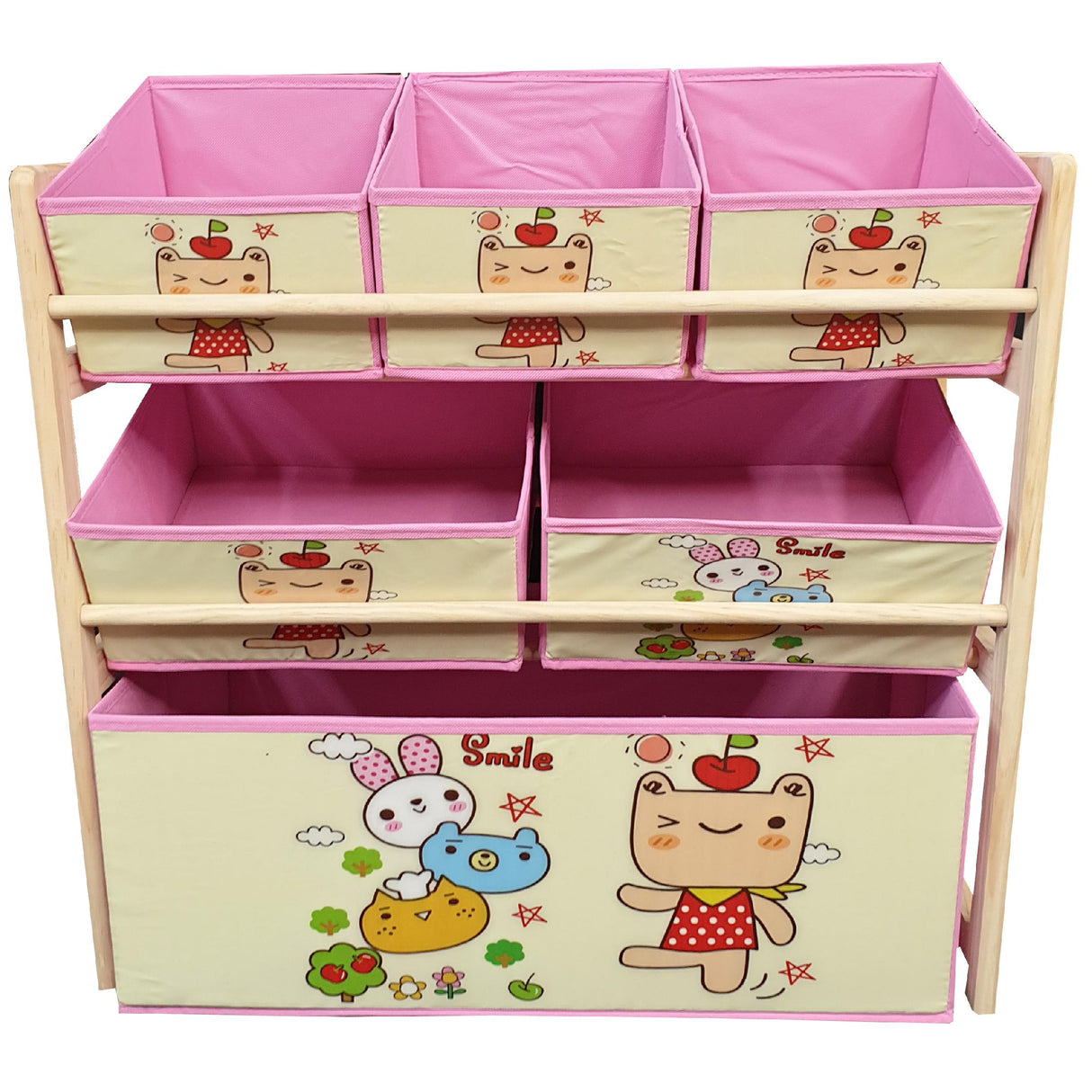 Organizator jucarii, cutii depozitare, rafturi, 6 cutii si 3 rafturi, 66 x 27 x 60 cm, roz