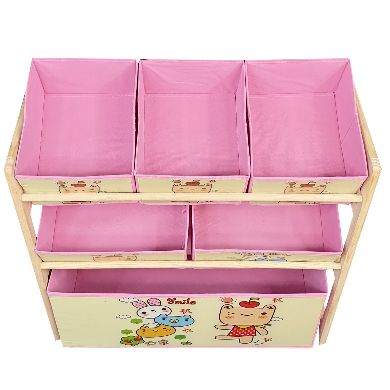 Organizator jucarii, cutii depozitare, rafturi, 6 cutii si 3 rafturi, 66 x 27 x 60 cm, roz