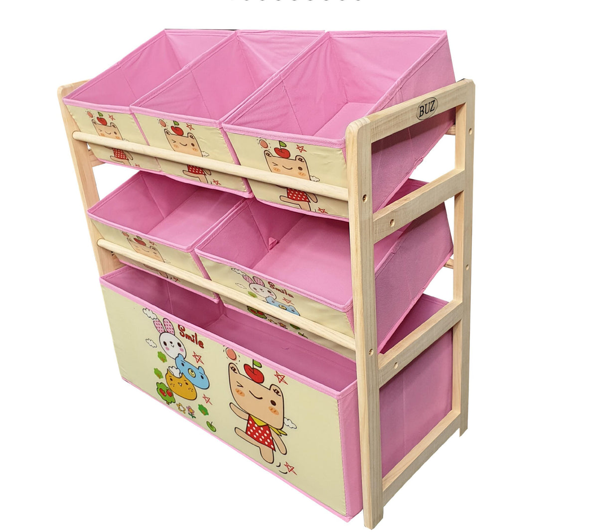 Organizator jucarii, cutii depozitare, rafturi, 6 cutii si 3 rafturi, 66 x 27 x 60 cm, roz