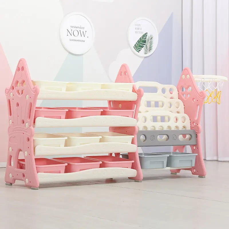 Organizator pentru jucarii si carti, cu 4 rafturi si 14 cosulete depozitare, cos baschet, ABS, 124cmx36cmx72cm, roz
