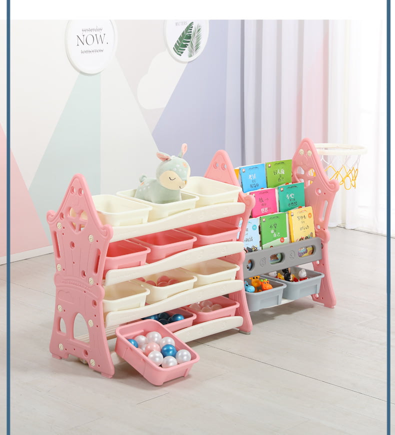 Organizator pentru jucarii si carti, cu 4 rafturi si 14 cosulete depozitare, cos baschet, ABS, 124cmx36cmx72cm, roz