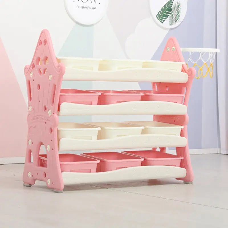 Organizator pentru jucarii si carti, cu 4 rafturi si 14 cosulete depozitare, cos baschet, ABS, 124cmx36cmx72cm, roz