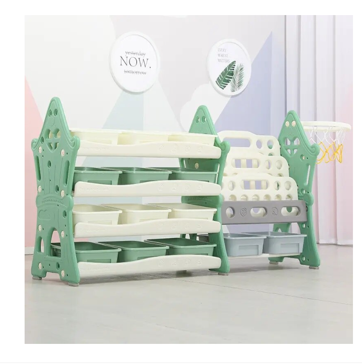 Organizator pentru jucarii si carti, cu 4 rafturi si 14 cosulete depozitare, cos baschet, ABS, 124cmx36cmx72cm