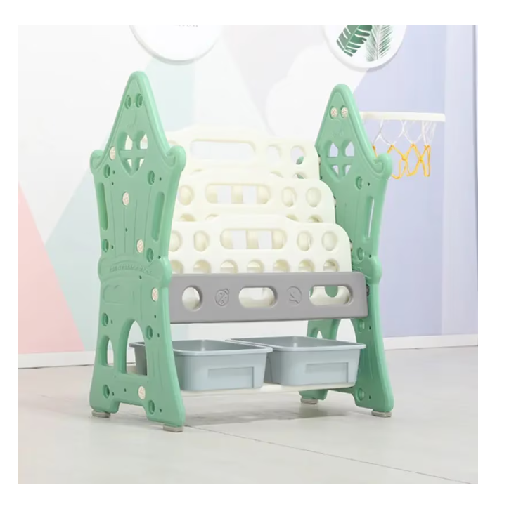 Organizator pentru jucarii si carti, cu 4 rafturi si 14 cosulete depozitare, cos baschet, ABS, 124cmx36cmx72cm