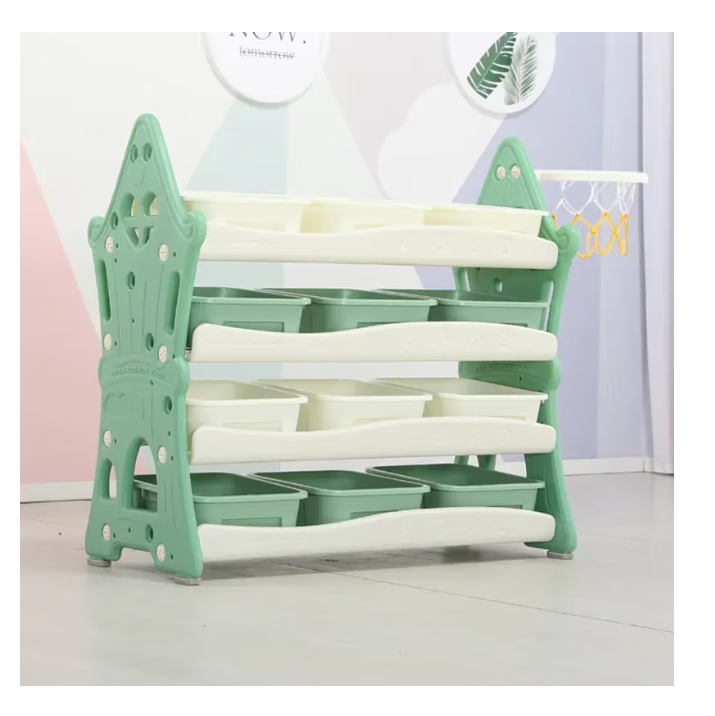 Organizator pentru jucarii si carti, cu 4 rafturi si 14 cosulete depozitare, cos baschet, ABS, 124cmx36cmx72cm