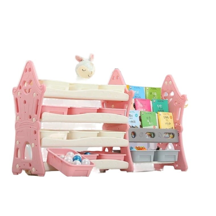 Organizator pentru jucarii si carti, cu 4 rafturi si 14 cosulete depozitare, cos baschet, ABS, 124cmx36cmx72cm, roz - BUZ.RO
