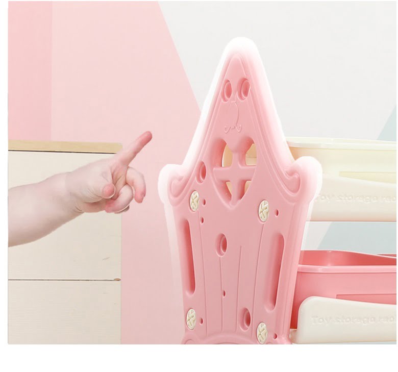 Organizator pentru jucarii si carti, cu 4 rafturi si 14 cosulete depozitare, cos baschet, ABS, 124cmx36cmx72cm, roz - BUZ.RO
