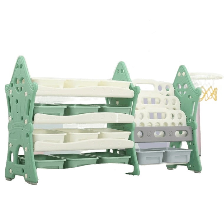 Organizator pentru jucarii si carti, cu 4 rafturi si 14 cosulete depozitare, cos baschet, ABS, 124cmx36cmx72cm