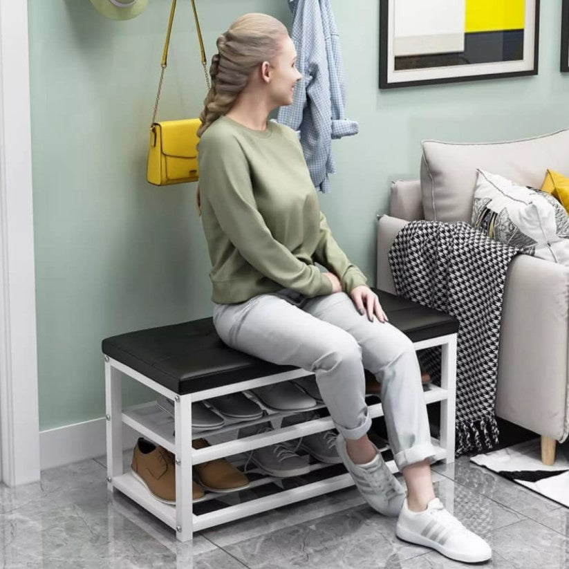 Pantofar, tip bancuta, cadru rezistent, din metal, cu rafturi pentru incaltaminte, 70x45x30 cm, negru