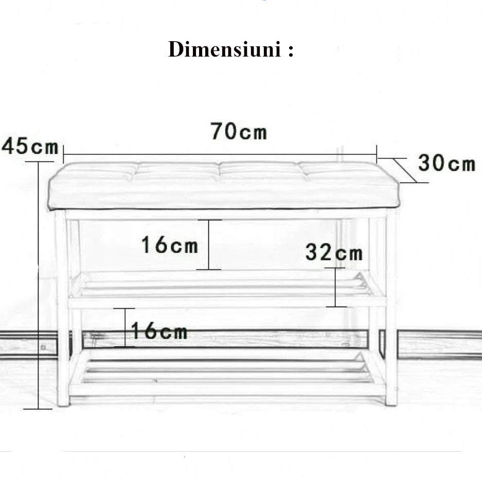 Pantofar, tip bancuta, cadru rezistent, din metal, cu rafturi pentru incaltaminte, 70x45x30 cm, negru