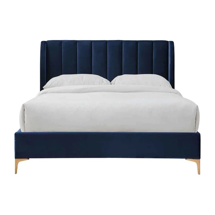 Pat tapitat, cu somiera, albastru navy, 152.5x208x111.5cm - BUZ.RO