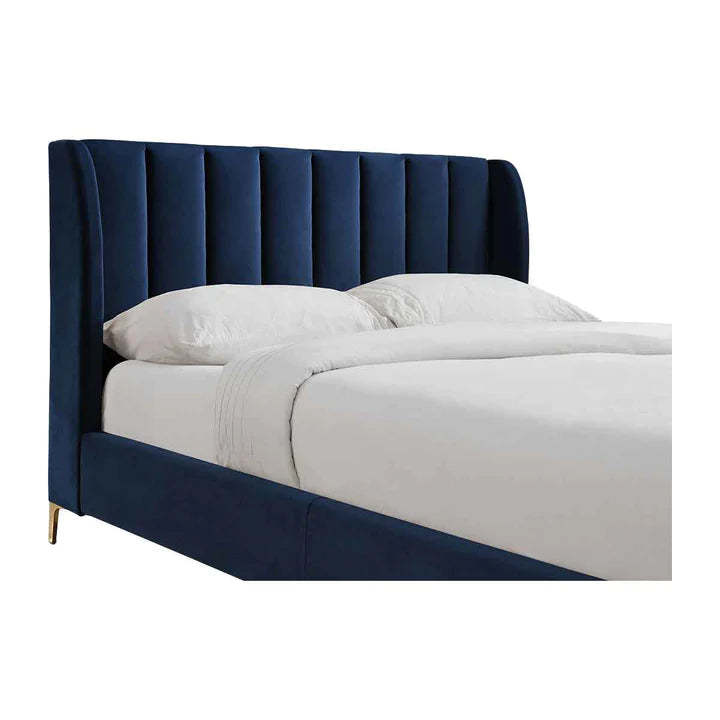 Pat tapitat, cu somiera, albastru navy, 152.5x208x111.5cm