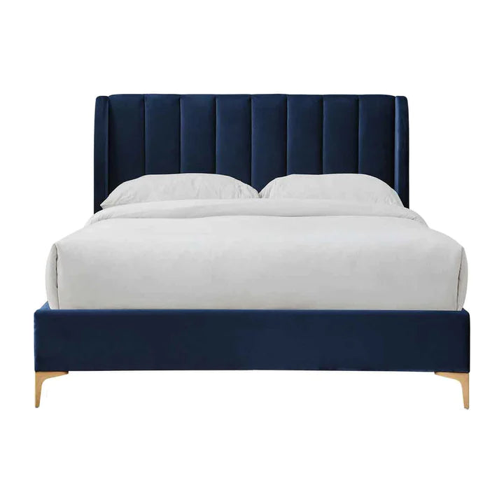 Pat tapitat, cu somiera, albastru navy, 152.5x208x111.5cm