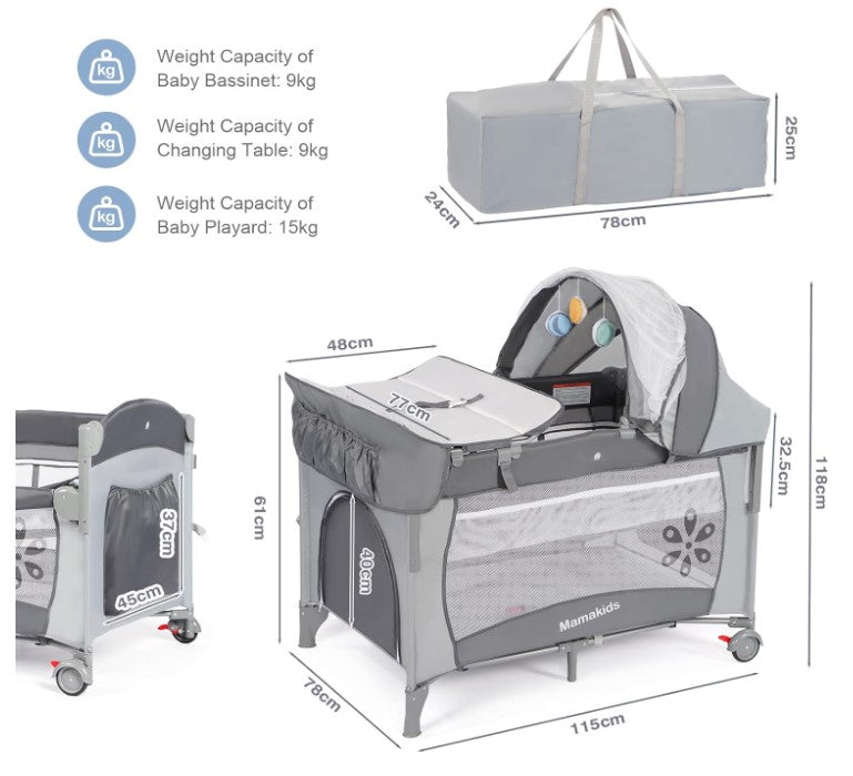 Patut bebe pliabil, usor de transportat, portabil ,design solid si elastic gri