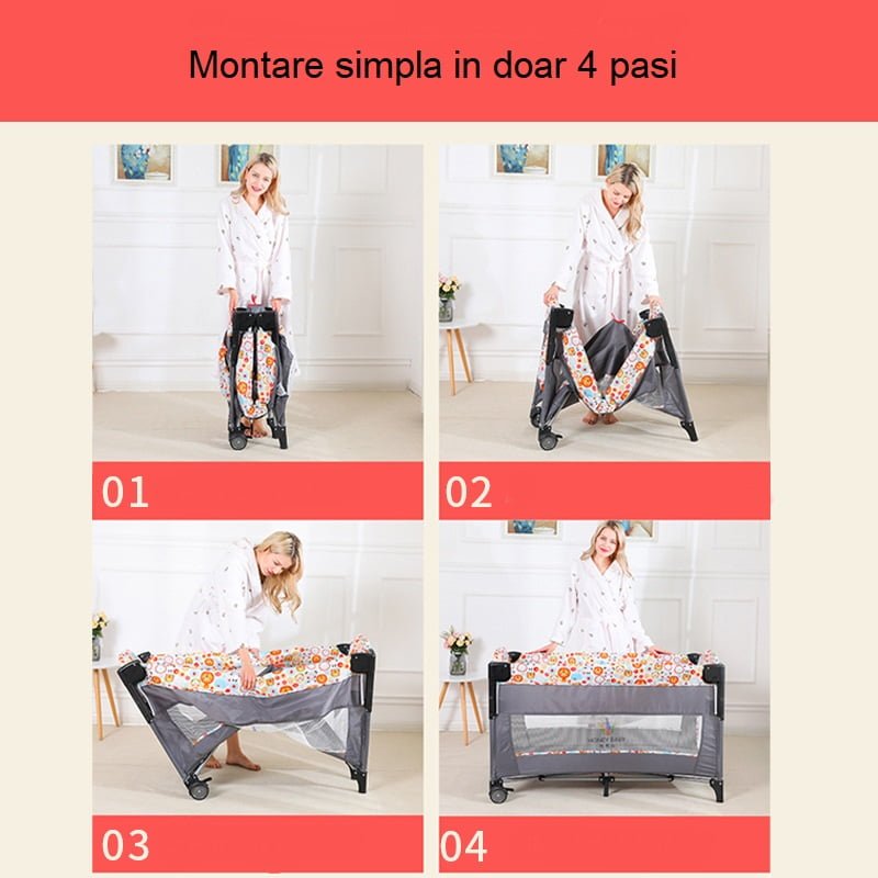 Patut bebe, tarc copii, de joaca, pe 2 nivele, cu carusel, pliabil, plasa transparenta, gri - BUZ.RO