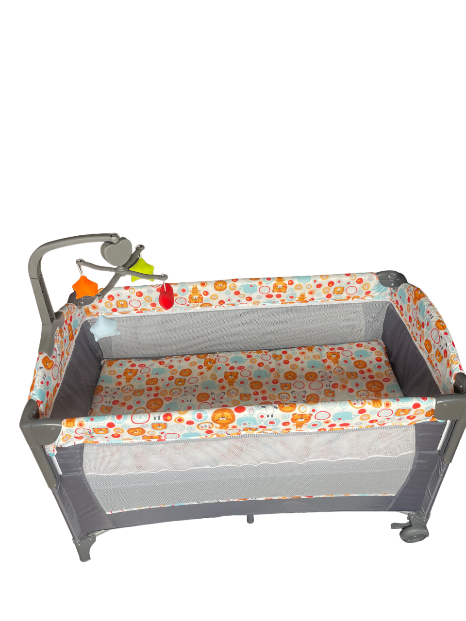 Patut bebe, tarc copii, de joaca, pe 2 nivele, cu carusel, pliabil, plasa transparenta, gri
