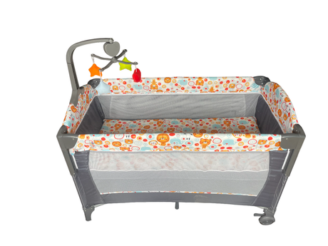 Patut bebe, tarc copii, de joaca, pe 2 nivele, cu carusel, pliabil, plasa transparenta, gri