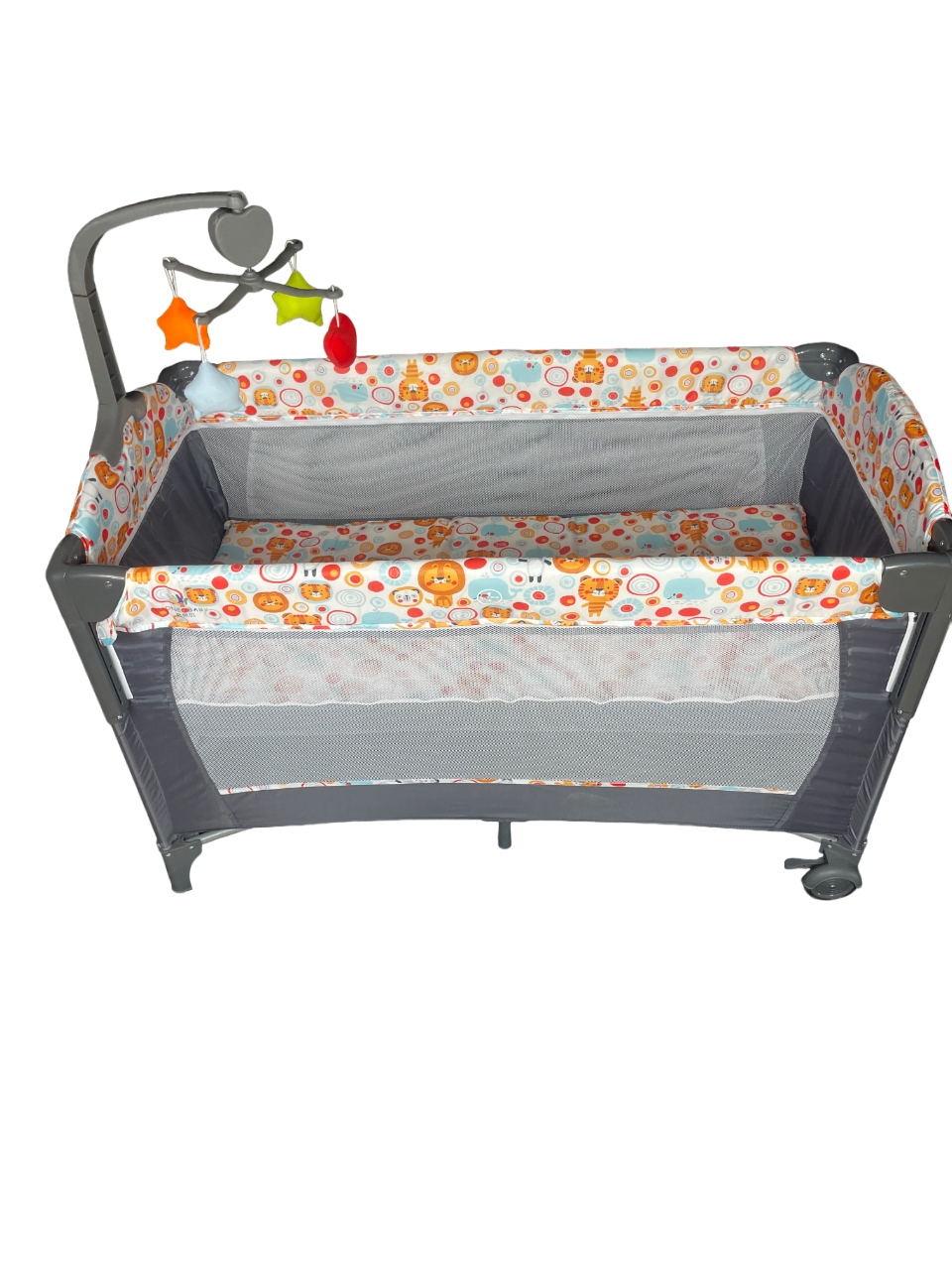 Patut bebe, tarc copii, de joaca, pe 2 nivele, cu carusel, pliabil, plasa transparenta, gri