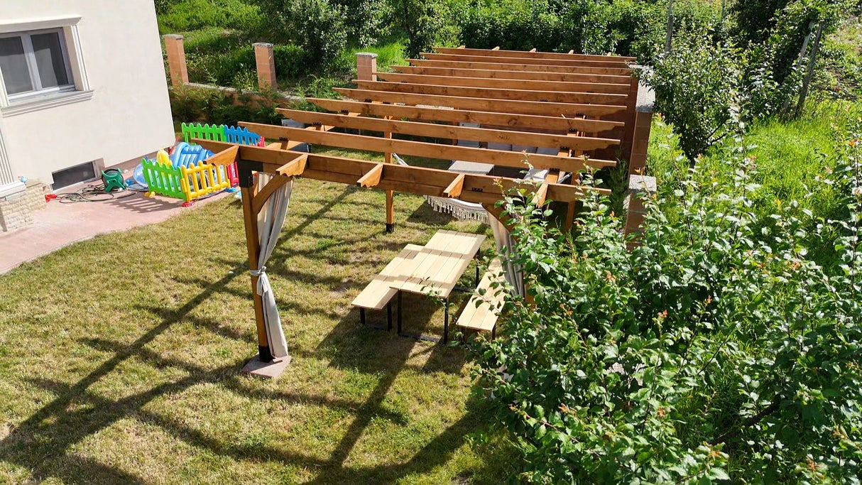 Pergola foisor pavilion lemn pentru gradina sau curte, conectori metalici, umbrar curte - BUZ.RO