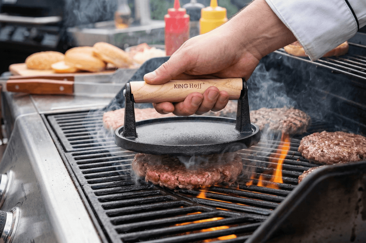 Pres fonta burgeri| carne|gratar| 17.8 cm| Maner lemn - BUZ.RO