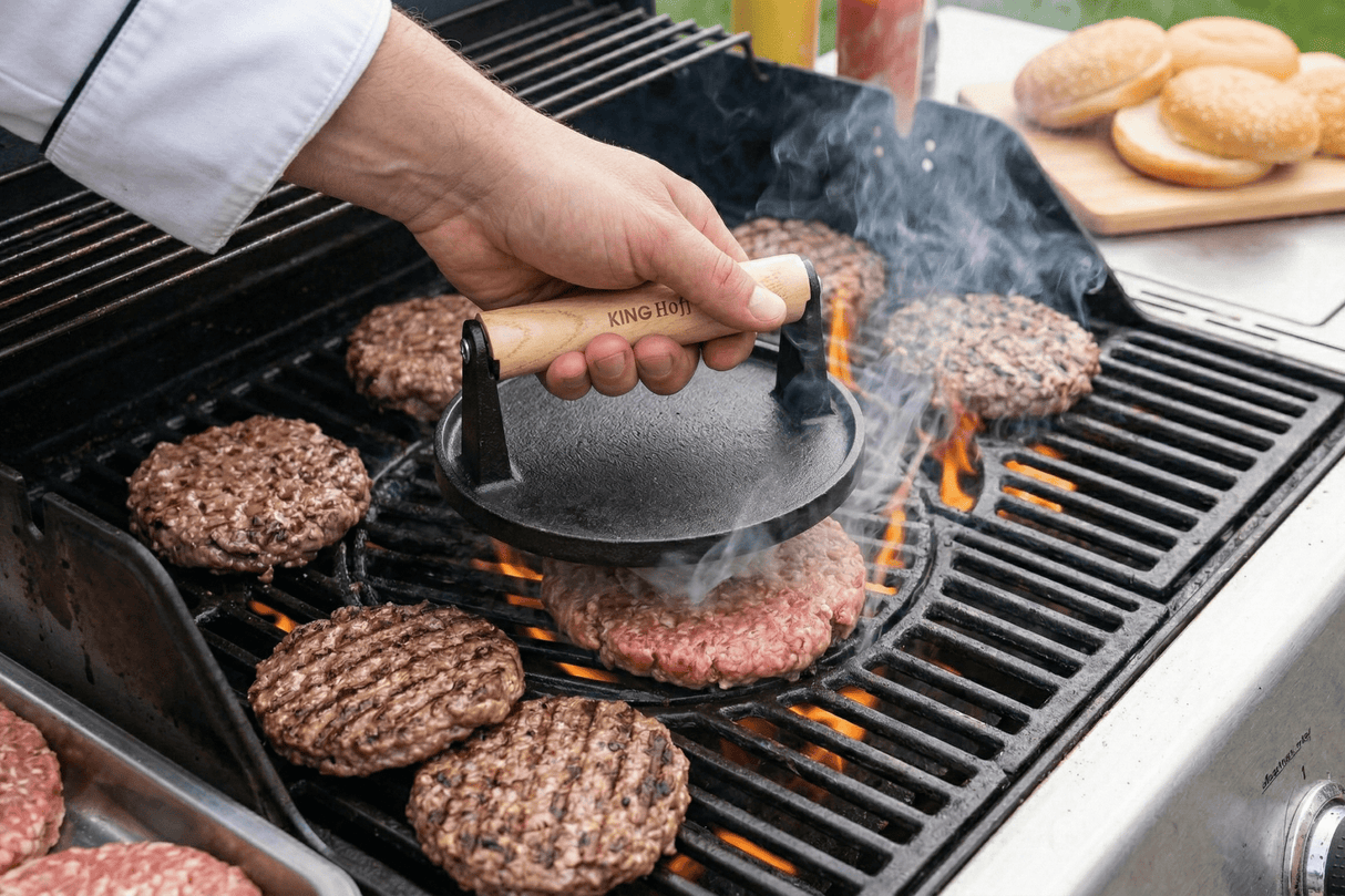 Pres fonta burgeri| carne|gratar| 17.8 cm| Maner lemn - BUZ.RO