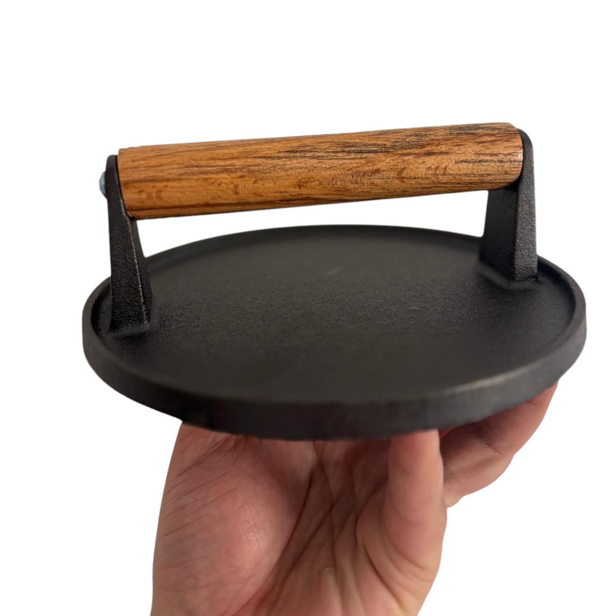 Presa fonta burgeri| carne|gratar| 17.8 cm| Maner lemn Negru - Maro - BUZ.RO