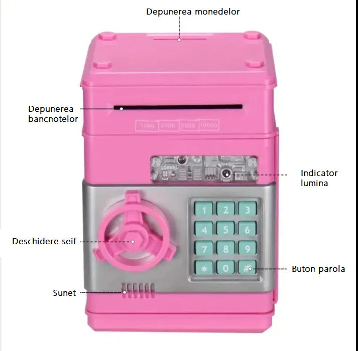 Pusculita, jucarie interactiva tip seif pentru copii albastru