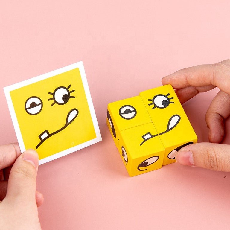 Puzzle interactiv si educativ, cub din lemn, 6in1, blocuri de constructii, carti de joc, pentru copii, cu 6 laturi, expresii emoji, montessori - BUZ.RO