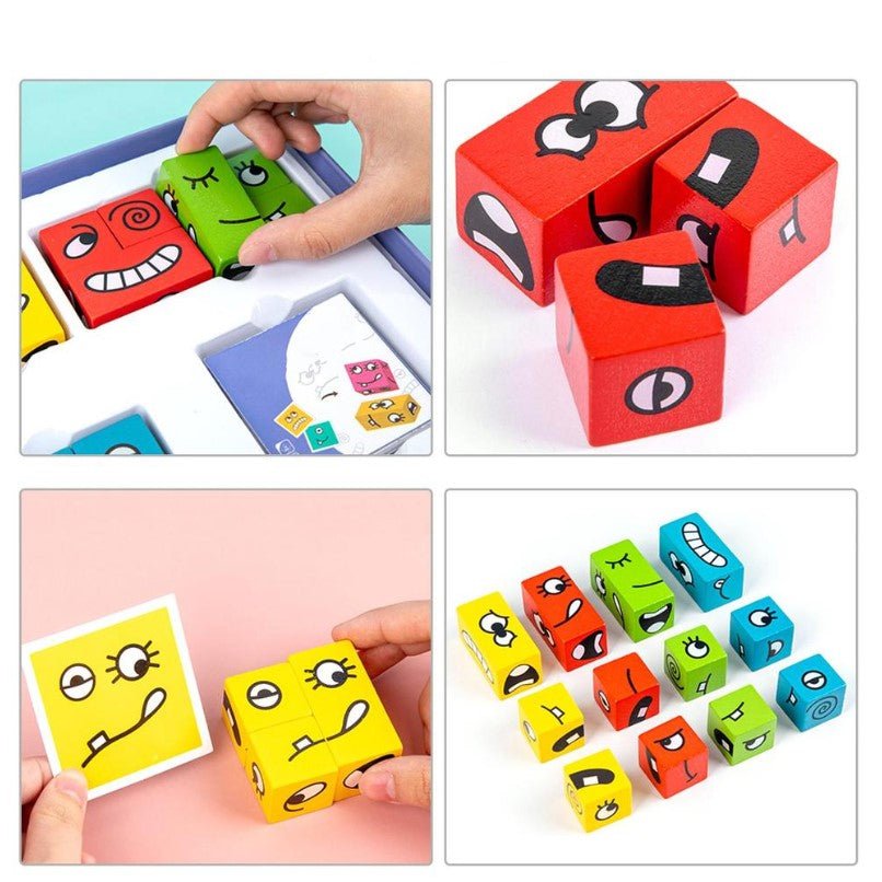 Puzzle interactiv si educativ, cub din lemn, 6in1, blocuri de constructii, carti de joc, pentru copii, cu 6 laturi, expresii emoji, montessori - BUZ.RO