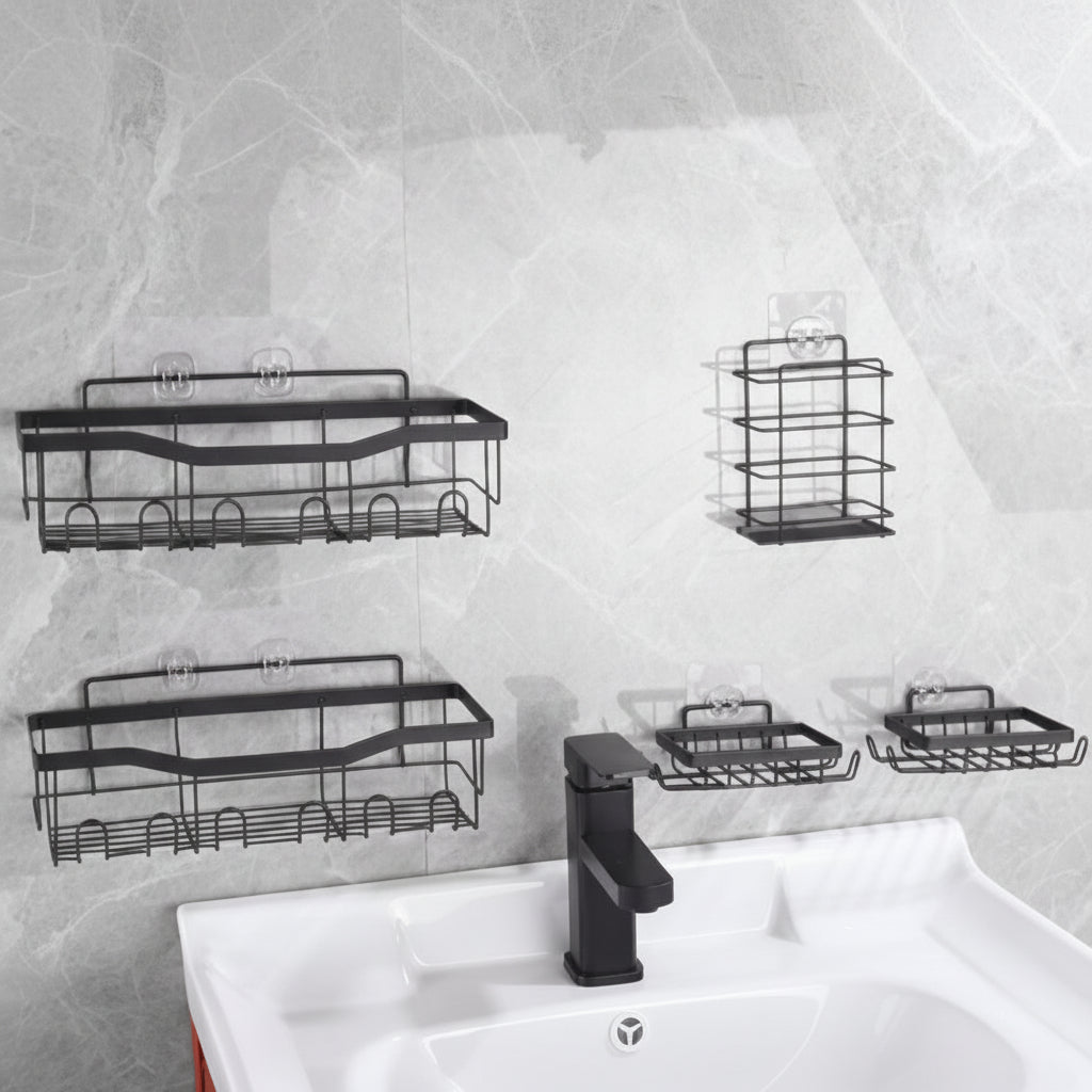 Raft baie, otel inoxidabil, set 5 rafturi, carlige si suporturi pentru sapun, rafturi baie suspendate, fara gaurire, negru - BUZ.RO