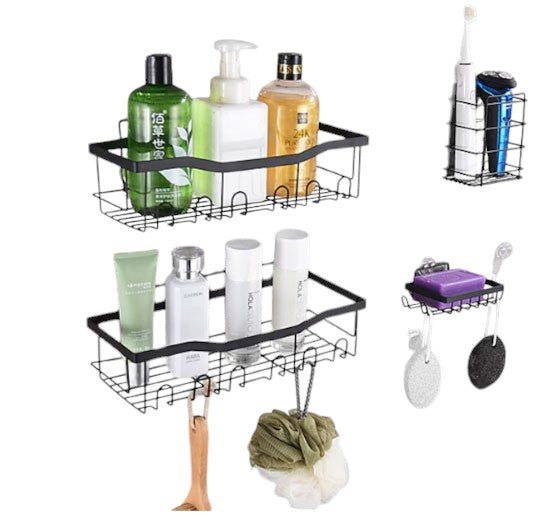 Set raft baie, cu carlige, suporturi pentru sapun, usor de instalat pe perete, fara gaurire, 4 piese