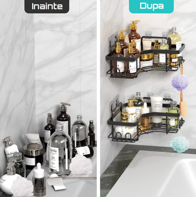 Raft de dus, tip etajera colt, organizator baie, etajera baie, coltar, din otel inoxidabil, set 2 buc