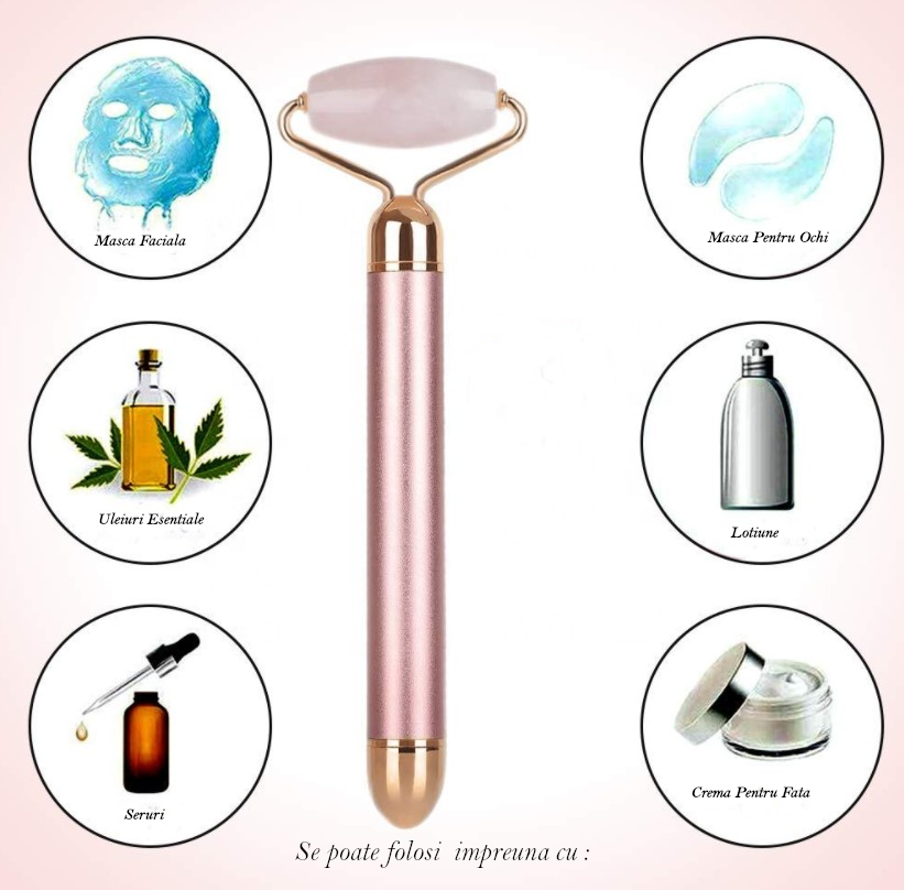 Rola Masaj Facial Electrică din Jad Roz – Lifting, Detoxifiere, Fermitate
