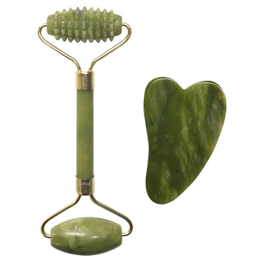 Rola masaj facial antirid, anticearcane, lifting, jad natural, aparat electric, gua sha, verde, 145 mm
