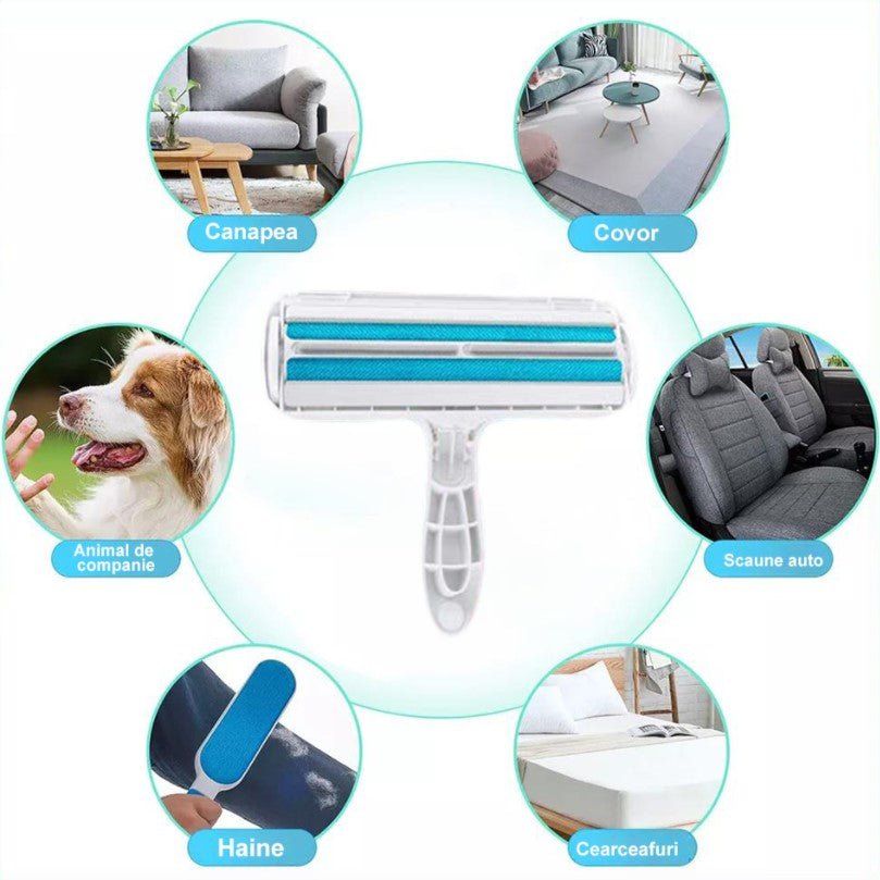 Rola scame, perie curatare par animale, bidirectionala, albastra - BUZ.RO