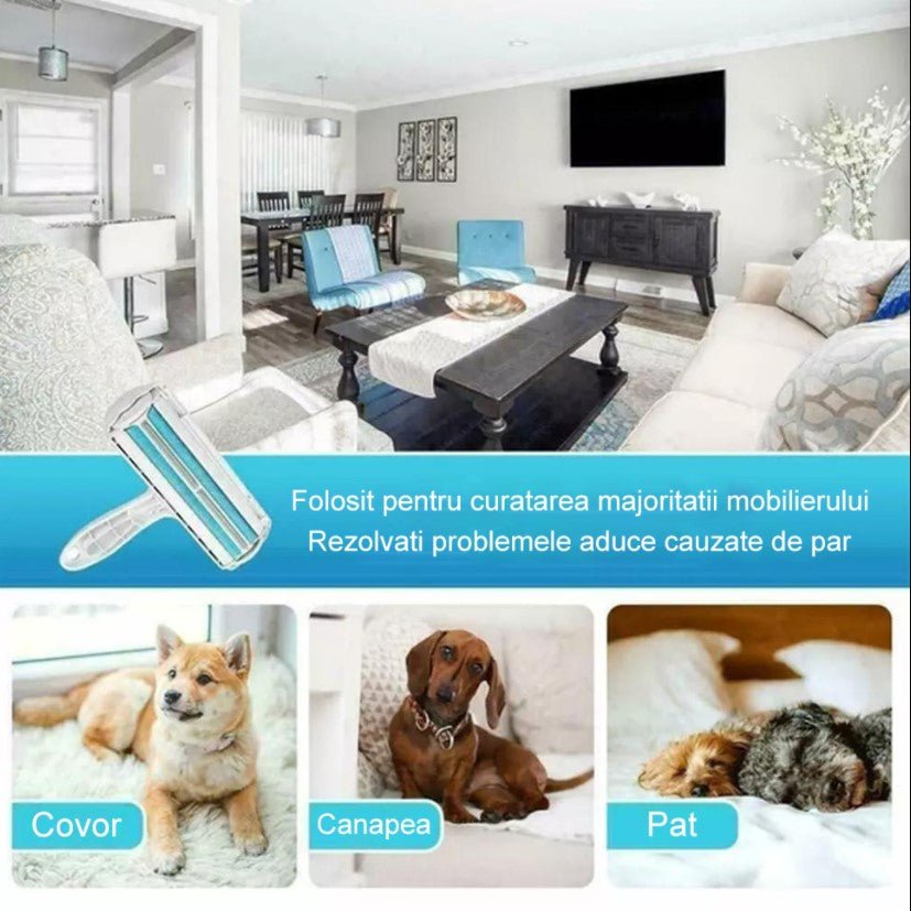 Rola scame, perie curatare par animale, bidirectionala, albastra - BUZ.RO