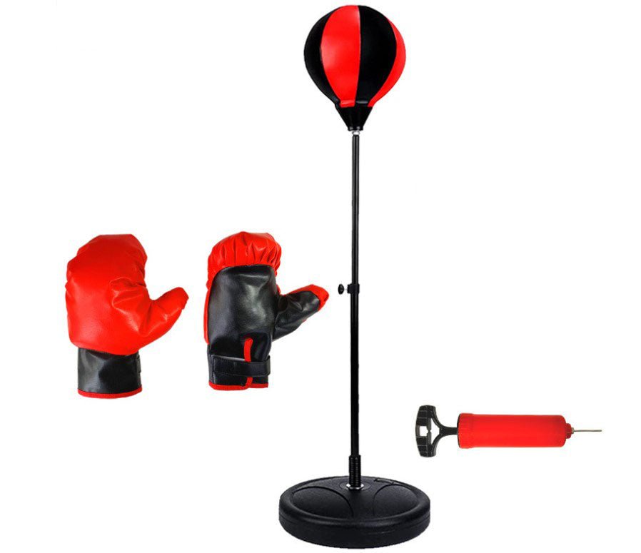Sac de box copii, manusi incluse, inaltime ajustabila, picior metalic, pompa inclusa, suport cu apa sau nisip - BUZ.RO