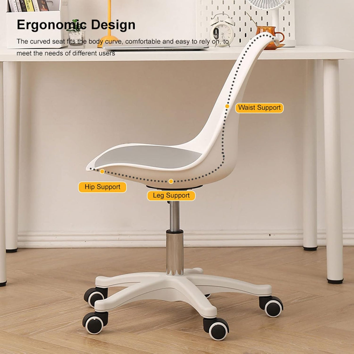 Scaun birou ergonomic, cu roti și inaltime reglabila, pentru adulti si copii, cosmetica, coafor, alb - BUZ.RO