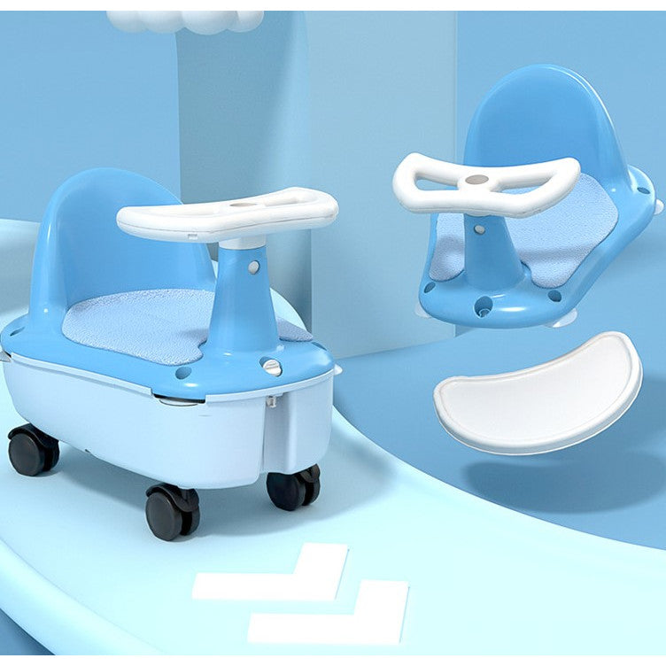 Scaun de baie si tricicleta 2in1 pentru bebe , cu husa antiderapanta, cutie depozitare pe roti, universal, +6 luni, albastru