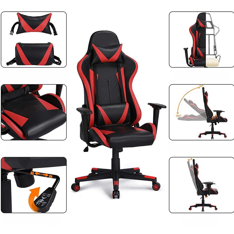 Scaun gaming profesional, ergonomic, cu cadru de otel, din piele sintetica, negru cu rosu