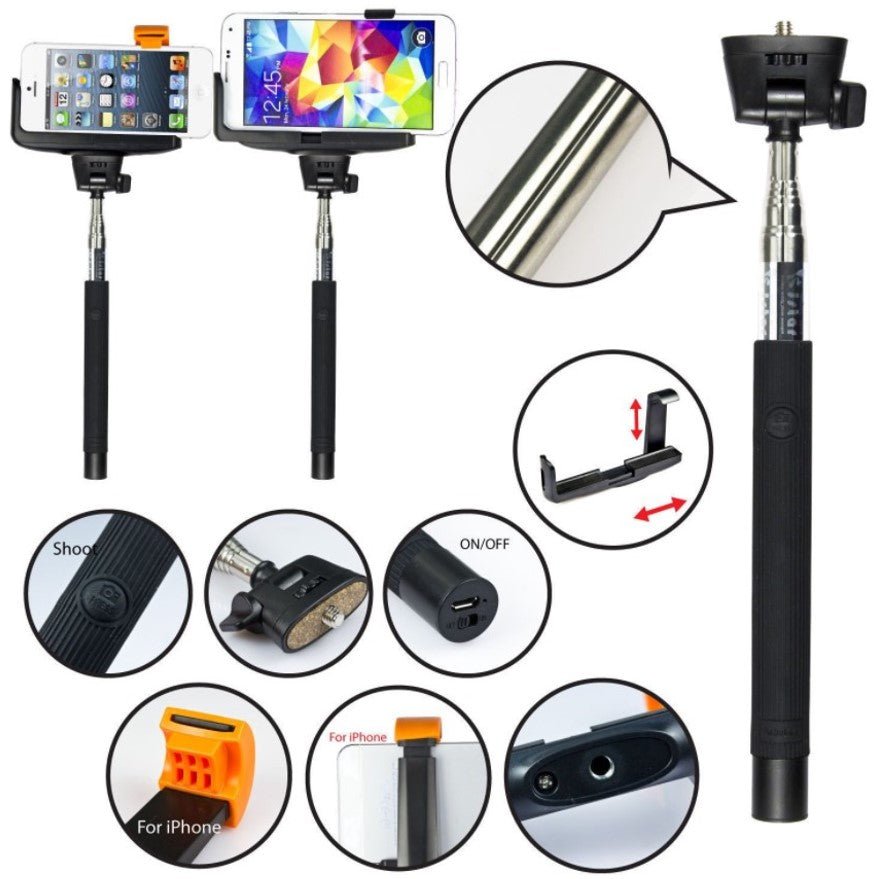 Selfie stick cu bluetooth pe maner, inclinatie reglabila, maxim 1m distanta, negru cu portocaliu, buz - BUZ.RO