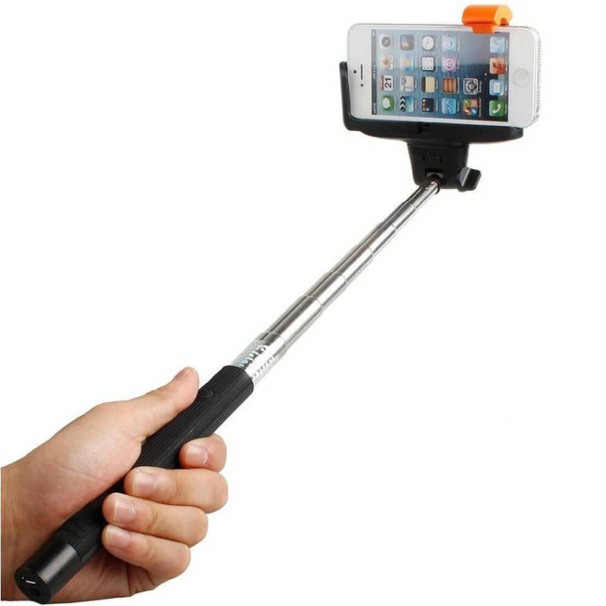 Selfie stick cu bluetooth pe maner, inclinatie reglabila, maxim 1m distanta, negru cu portocaliu, buz - BUZ.RO