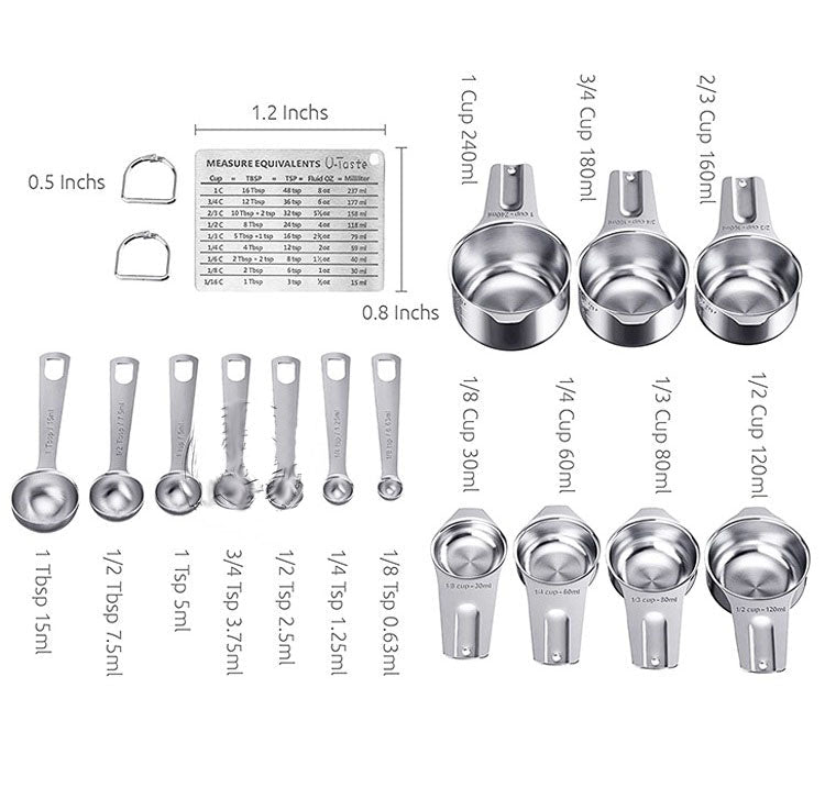 Set 14 ustensile pentru bucatarie cu 7 linguri de masurat si 7 cupe de masurat, tabel pentru masurare cu suport magnetic, otel inoxidabil - BUZ.RO