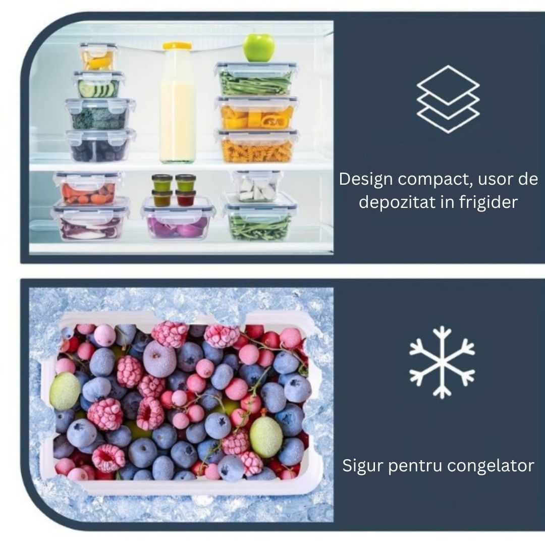 Set 20 recipiente pentru depozitarea alimentelor cu capac ermetic, din plastic, pentru diverse preparate, legume si fructe