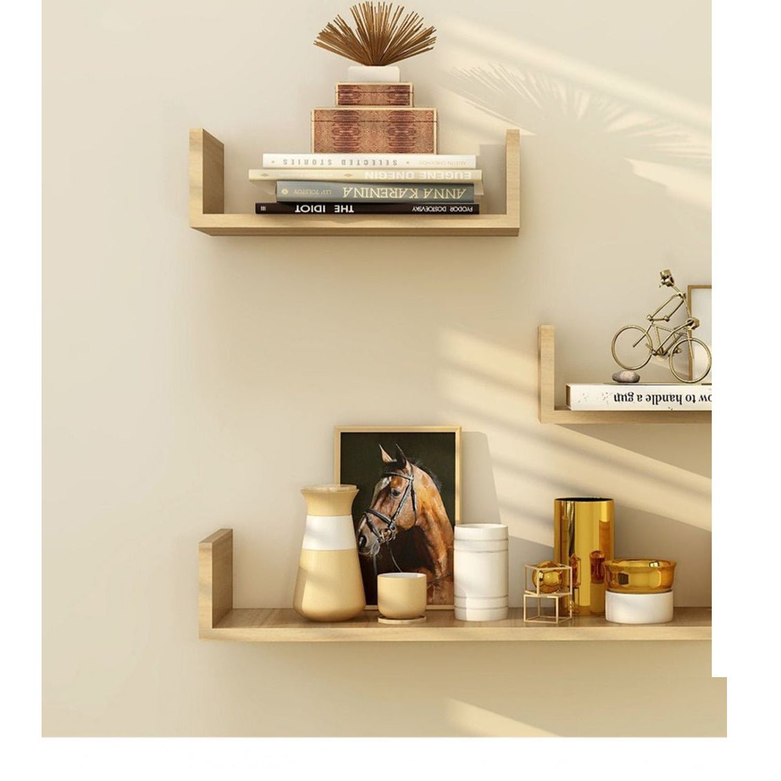Set 3 etajere decorative suspendate U, material MDF, dimensiuni diferite, culoare stejar - BUZ.RO