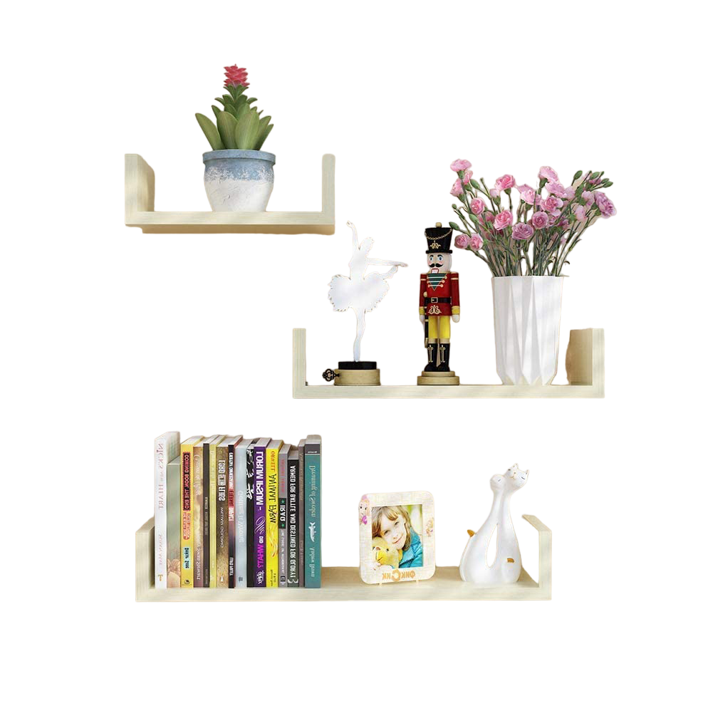 Set 3 etajere decorative suspendate U, material MDF, dimensiuni diferite, culoare stejar - BUZ.RO