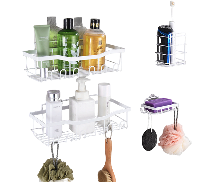 Set raft baie, cu carlige, suporturi pentru sapun, usor de instalat pe perete, fara gaurire, 4 piese