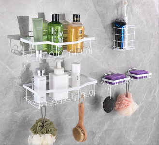 Set raft baie, cu carlige, suporturi pentru sapun, usor de instalat pe perete, fara gaurire, 4 piese