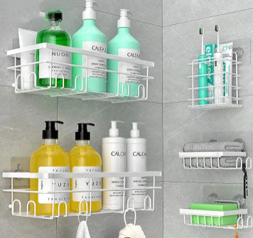 Set raft baie, cu carlige, suporturi pentru sapun, usor de instalat pe perete, fara gaurire, 4 piese